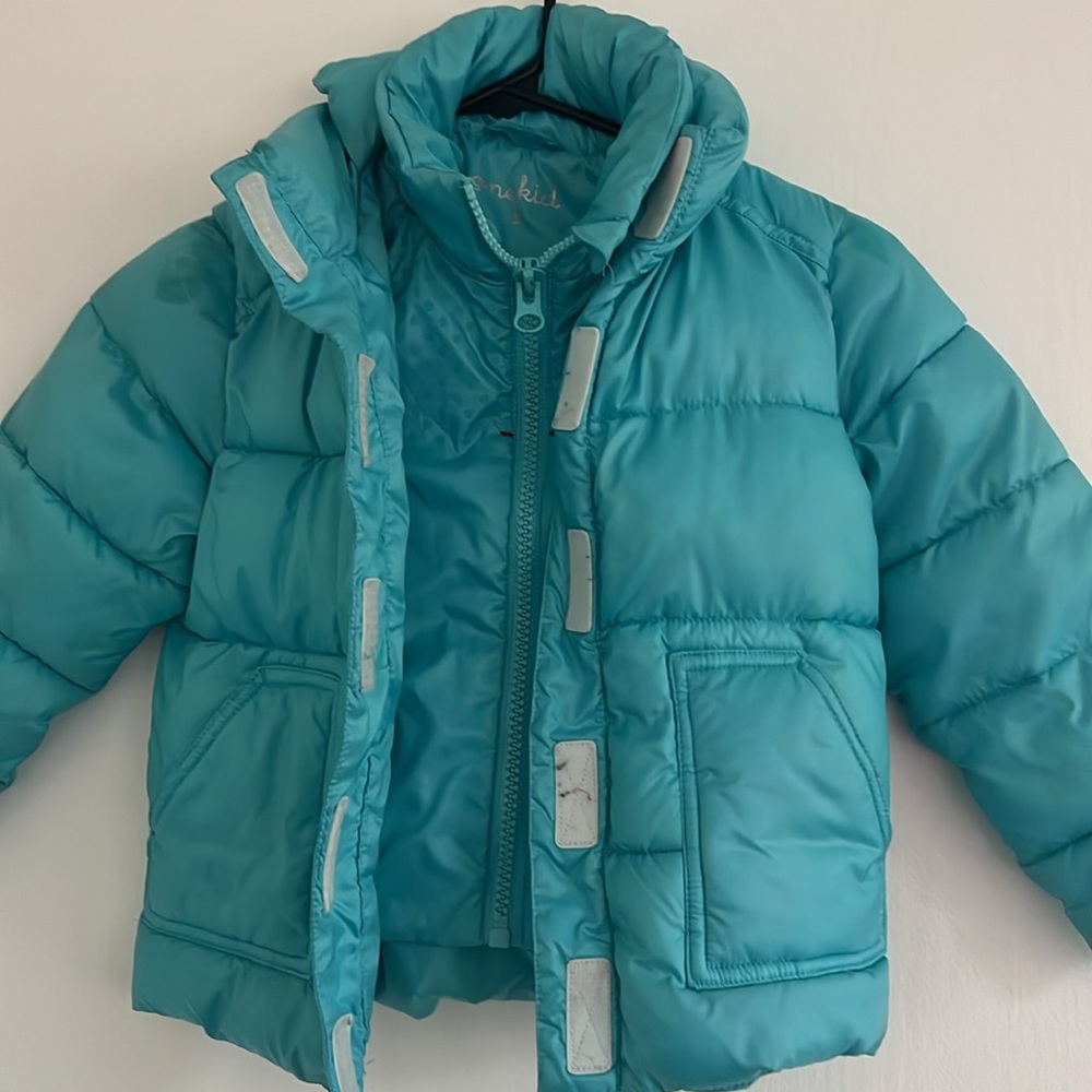 One Kid Road Coats-Size 5, Aqua car seat safe coats, vegan
